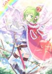  1girl animal_hood baton_(instrument) boots cape clouds feathers from_behind fur_trim green_eyes green_hair gumi hair_ornament highres kinoshita_neko light_rays looking_back mini_crown open_mouth rainbow rope scabbard sheath sheathed sheet_music short_hair sky smile solo sword thigh-highs vocaloid weapon white_legwear 