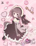  1girl bird bow brown_hair clover dress envelope frills gloves hat heart highres jewelry key letter mary_janes mubi_alice original pantyhose rabbit ring shoes solo spade stitching valentine violet_eyes 