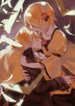  1boy 1girl arm_garter bird blonde_hair blurry brother_and_sister depth_of_field dress flower flying formal gown hair_flower hair_ornament hair_over_eyes kagamine_len kagamine_rin long_sleeves puffy_long_sleeves puffy_sleeves rose short_hair siblings tears twins vocaloid wide_sleeves xiayu93 yellow_dress 