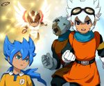  3boys blue_eyes blue_hair brown_hair fei_rune gloves goggles goggles_on_head inazuma_eleven_(series) inazuma_eleven_go inazuma_eleven_go_chrono_stone keshin_armed majin_pegasus male matsukaze_tenma mizuhara_aki multiple_boys open_mouth saryuu_evan white_hair 