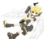  1boy blonde_hair blue_eyes colored gun kagamine_len ryowasu short_hair smile solo vocaloid weapon white_wings wings 