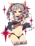 alabaster_(artist) antlers black_wings bra breasts deer_tail drill_hair elbow_gloves frilled_bra frilled_legwear frilled_panties frills gloves grey_hair highres horns idolmaster idolmaster_cinderella_girls kanzaki_ranko lace_gloves looking_at_viewer midriff navel panties parted_lips payot red_eyes ribbon tail thigh-highs thighs tsurime twin_drills twintails underwear white_background wings 