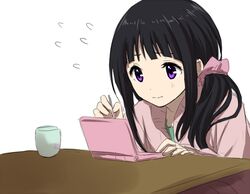  1girl black_hair chitanda_eru cup hyouka kotatsu long_hair mug nintendo_ds rito453 stylus table violet_eyes 