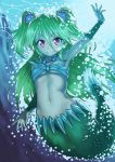  1girl breasts bubble fish_tail green_hair inu_(aerodog) jewelry long_hair mermaid monster_girl muromi-san namiuchigiwa_no_muromi-san navel necklace red_eyes seashell shell smile solo tail twintails two_side_up underwater 