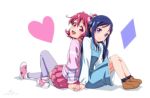  2girls aida_mana blue_eyes blue_hair diamond_(shape) dokidoki!_precure dress flipped_hair hair_ornament hair_ribbon half_updo heart hishikawa_rikka multiple_girls open_mouth pink_hair precure ribbon shoes short_hair smile socks 