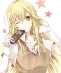  +_+ blonde_hair controller gloves haru_(haru2079) highres long_hair remote_control school_uniform shokuhou_misaki to_aru_kagaku_no_railgun to_aru_majutsu_no_index wink yellow_eyes 
