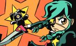  1girl annie_(skullgirls) braid dress eyeball eyecatch eyepatch green_hair jintor parody sagan_(skullgirls) skullgirls star stuffed_animal stuffed_bunny stuffed_toy style_parody sword tengen_toppa_gurren_lagann twin_braids weapon yellow_eyes 