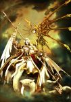  angel armor clouds cyborg fantasy gloves key long_hair mechanical_wings original pfalz sky staff white_hair wings 