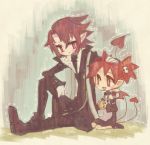  1boy 1girl brother_and_sister choker demon_tail demon_wings disgaea disgaea_d2 earrings etna jewelry kazamine_(stecca) long_sleeves open_mouth pointy_ears red_eyes redhead scarf short_hair siblings skull tail twintails wings xenolith 