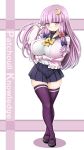  1girl alternate_costume aru_ra_une blush bow breasts crescent hair_bow highres large_breasts long_hair looking_at_viewer patchouli_knowledge purple_hair purple_legwear school_uniform skirt solo standing thighhighs touhou violet_eyes zettai_ryouiki 
