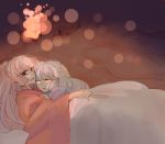  2girls blue_hair closed_eyes fujiwara_no_mokou kamishirasawa_keine komaku_juushoku lantern long_hair multiple_girls ponytail red_eyes sleeping smile touhou white_hair 