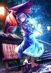  1girl geta heterochromia juliet_sleeves karakasa_obake lamp long_sleeves looking_at_viewer open_mouth puffy_sleeves rain revision ryosios shirt skirt solo stairs tatara_kogasa touhou tree turning umbrella vest walking 