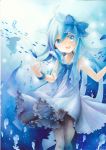  1girl artist_name blue_eyes blue_hair bow dated dress fish hair_bow ikamusume long_hair mosho open_mouth shinryaku!_ikamusume smile solo tentacle_hair traditional_media underwater watercolor_(medium) 