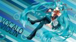  1girl aqua_eyes aqua_hair boots crossed_legs detached_sleeves hatsune_miku headset high_heels highres instrument long_hair necktie playing_instrument shoes sitting skirt solo striped striped_background thigh-highs thigh_boots twintails uemoto_masato very_long_hair violin vocaloid 