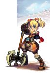  1girl axe blonde_hair cape gloves hair_ornament highres kuks open_mouth original short_hair shorts solo standing twintails weapon 