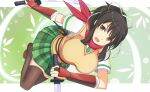  1girl arm_guards asuka_(senran_kagura) black_hair black_legwear brown_eyes dual_wielding hair_ribbon keikei_(kitty_colors) open_mouth payot plaid plaid_skirt pleated_skirt ribbon scarf school_uniform senran_kagura shoes skirt solo sweater_vest sword thigh-highs weapon zettai_ryouiki 