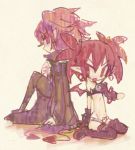  1boy 1girl brother_and_sister choker demon_tail demon_wings disgaea disgaea_d2 earrings etna jewelry kazamine_(stecca) long_sleeves open_mouth pointy_ears red_eyes redhead scarf short_hair siblings sitting skull tail twintails wings xenolith 