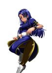  1girl blue_eyes blue_hair bracelet breasts china_dress chinese_clothes chun-li chun-li_(cosplay) fighting_stance jewelry leg_up midriff minazuki_karen pantyhose precure simple_background solo spiked_bracelet spikes street_fighter white_background yes!_precure_5 