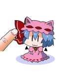  1girl :3 animal_ears animated animated_gif bat_wings blue_hair brooch cat_ears chibi dress ear_twitch fang flapping hat hat_ribbon hat_with_ears head_rub jewelry noai_nioshi petting pink_dress remilia_scarlet ribbon sitting sparkle touhou wings |_| 