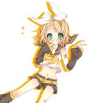  1girl blonde_hair blush character_name colored erioxx green_eyes highres kagamine_rin looking_at_viewer open_mouth short_hair simple_background smile solo vocaloid white_background 