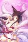  1girl :p ahri animal_ears bare_shoulders black_hair breasts brown_eyes cleavage clothed_navel dated facial_mark fox_ears fox_tail garter_belt highres large_breasts league_of_legends loiza long_hair multiple_tails paw_pose signature solo tail tongue 