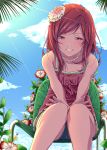  1girl bare_shoulders chair clouds dress english flower hair_flower hair_ornament highres jewelry long_hair love_live!_school_idol_project necklace nishikino_maki nishiuri_warito parted_lips pearl redhead sitting sky smile solo sunlight tree v_arms violet_eyes 