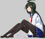  ahoge between_legs green_eyes green_hair hand_between_legs inaka_keikou long_hair original pantyhose school_uniform serafuku sitting skirt v_arms very_long_hair 