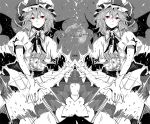  1girl brooch character_name hat hat_ribbon jewelry kyer monochrome moon puffy_short_sleeves puffy_sleeves red_eyes remilia_scarlet ribbon short_hair short_sleeves touhou 