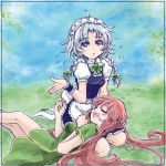  2girls :o ahoge apron blue_eyes blue_sky bow braid breasts chinese_clothes closed_eyes clouds flying_sweatdrops grass hair_bow hong_meiling izayoi_sakuya long_hair looking_up lying lying_on_person maid_headdress multiple_girls nanashii_(soregasisan) on_back open_mouth puffy_short_sleeves puffy_sleeves redhead seiza short_hair short_sleeves silver_hair sitting skirt sky touhou twin_braids very_long_hair vest waist_apron wrist_cuffs 