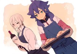  2boys adult afuro_terumi ai5108 apron bottle dutch_angle green_eyes inazuma_eleven_(series) inazuma_eleven_go kishibe_taiga long_hair multicolored_hair multiple_boys open_mouth oven_mitts purple_hair red_eyes smile tray two-tone_hair 