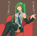  1girl cigarette couch crossed_legs detached_sleeves green_hair hatsune_miku miwa_(5044779) necktie red_eyes sitting skirt solo thigh-highs twintails vocaloid 