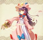  1girl blueberry_(5959) blush book bow crescent hair_bow hand_print hat highres long_hair looking_at_viewer paper patchouli_knowledge payot purple_hair solo standing the_elder_scrolls_iv:_oblivion touhou very_long_hair violet_eyes 