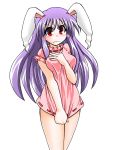  1girl angry animal_ears blush bottomless breasts dress inaba_tewi_(cosplay) long_hair pink_dress purple_hair rabbit_ears red_eyes reisen_udongein_inaba solo touhou 