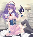  1girl alternate_costume alternate_headwear arm_support black_legwear blush book bow breasts checkered checkered_floor cleavage crescent enmaided fred0092 frills hair_bow hair_ornament highres lamp long_hair looking_at_viewer maid maid_headdress patchouli_knowledge purple_hair red_eyes sitting solo thigh-highs touhou very_long_hair violet_eyes wrist_cuffs 