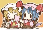  2girls :3 adomi ascot bat_wings blonde_hair blue_hair blush_stickers chair chibi dress flandre_scarlet food food_on_face fork handkerchief hat hat_ribbon millipen_(medium) multiple_girls o_o open_mouth pink_dress plate puffy_sleeves red_dress remilia_scarlet ribbon short_sleeves siblings sisters sitting spaghetti table touhou traditional_media wings wink wiping_face 