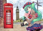  bag big_ben bird camera green_eyes green_hair halodark hat hatsune_miku london long_hair open_mouth pantyhose skirt sky spring_onion telephone_booth united_kingdom vocaloid 