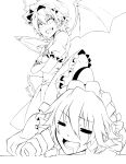  2girls =_= bat_wings blue_dress closed_eyes crossed_arms dress drooling fang femdom hat hat_ribbon highres izayoi_sakuya maid maid_headdress monochrome multiple_girls open_mouth puffy_sleeves r_waizumi remilia_scarlet ribbon short_sleeves silver_hair simple_background smile touhou wings 