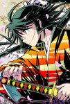  1boy akaumi bird green_hair katana long_hair mountain mushibugyou petals ponytail samurai scar solo sword tsukishima_jinbei weapon 
