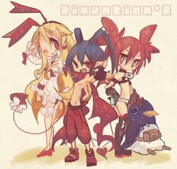  1boy 2girls antenna_hair belt blue_hair bracelet capelet choker demon_tail demon_wings disgaea disgaea_d2 earrings etna flonne flonne_(fallen_angel) jewelry kazamine_(stecca) laharl long_sleeves multiple_girls open_mouth pointy_ears prinny red_eyes redhead scarf short_hair skull smile tail twintails wings wink 