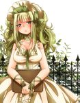 1girl azuki_(lizzy) bonnet book bow breasts bush claire_bernardus dress fence green_hair highres multicolored_eyes pearl ribbon umineko_no_naku_koro_ni wavy_hair 