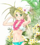 1girl armpits bikini blonde_hair flower green_eyes hat long_hair navel original smile solo straw_hat swimsuit twintails 