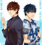  2boys black_eyes black_hair brown_eyes brown_hair character_name command_spell cross cross_necklace eyeshield_21 fate/zero fate_(series) fley3black football_uniform gloves jewelry kotomine_kirei look-alike multiple_boys necklace shin_seijuurou short_hair 