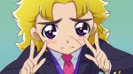  1boy blonde_hair blush coat crossover cure_peace_pose double_v jojo_no_kimyou_na_bouken long_coat long_hair male necktie parody precure robert_eo_speedwagon scar smile_precure! solo v victory_pose violet_eyes 