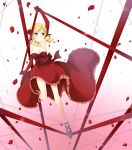  1girl alternate_costume anri-agnes blonde_hair breasts cleavage dress drill_hair elbow_gloves flower gloves hair_flower hair_ornament highres mahou_shoujo_madoka_magica petals red_dress rose solo tomoe_mami twin_drills yellow_eyes 