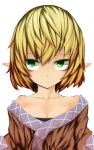  1girl bare_shoulders blonde_hair breasts cleavage collarbone expressionless green_eyes mantarou_(shiawase_no_aoi_tori) mizuhashi_parsee off_shoulder pointy_ears short_hair solo touhou 
