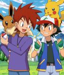  2boys :p akanbe black_hair clenched_hand clenched_teeth eevee eye_contact fingerless_gloves gloves hand_on_hip hat jewelry looking_at_another multiple_boys necklace on_head ookido_shigeru open_mouth parted_lips pikachu pokemoa pokemon pokemon_(anime) pokemon_(creature) satoshi_(pokemon) standing tagme tongue tongue_out uneven_eyes windmill 