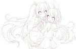  2girls hatsune_miku highres inaresi kagamine_rin lineart long_hair looking_at_viewer monochrome multiple_girls open_mouth short_hair smile solo very_long_hair vocaloid 