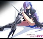  1girl blue_eyes character_name crotch_plate fate/extra_ccc fate_(series) greaves highres kichi8 long_hair meltlilith purple_hair solo title_drop very_long_hair violet_eyes 