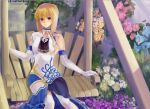  1girl ahoge alternate_costume blonde_hair china_dress chinese_clothes dress elbow_gloves fate/stay_night fate_(series) gloves green_eyes highres kenbuo saber sitting solo thigh-highs 