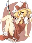  1girl :p blonde_hair blush flandre_scarlet hand_to_own_mouth hat looking_at_viewer mary_janes red_eyes ryannari shoes short_hair short_sleeves side_ponytail sitting smile solo tongue touhou upskirt wings 